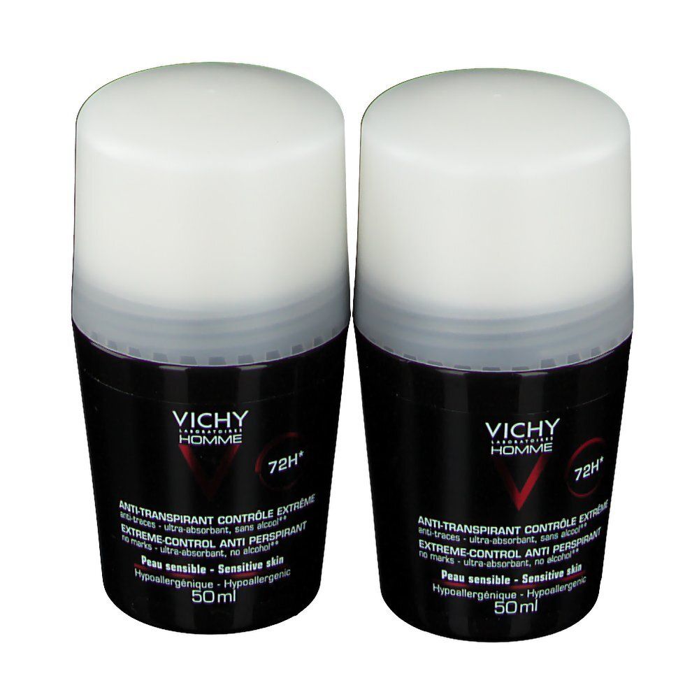 Zwei Deoroller mit weißem Deckel und schwarzem Behälter. Aufschrift: VICHY HOMME, 72H, Anti-Transpirant.
