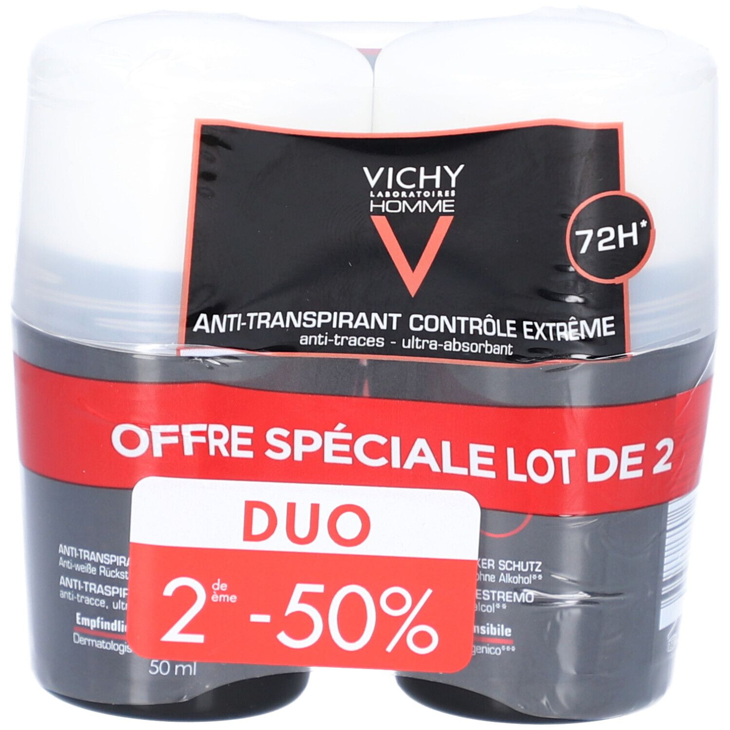 Doppelpack Deoroller. Schwarze und weiße Verpackung. Text: Duo, 2. Produkt mit 50% Rabatt. Vichy Homme Logo.