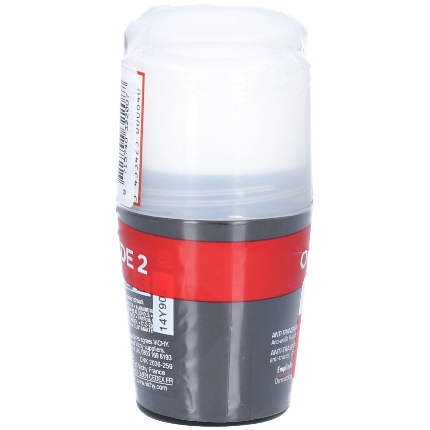 Deoroller in Verpackung. Schwarzer Behälter mit weißem Roll-on. Roter Streifen. Text: Duo. Aufkleber mit Informationen.