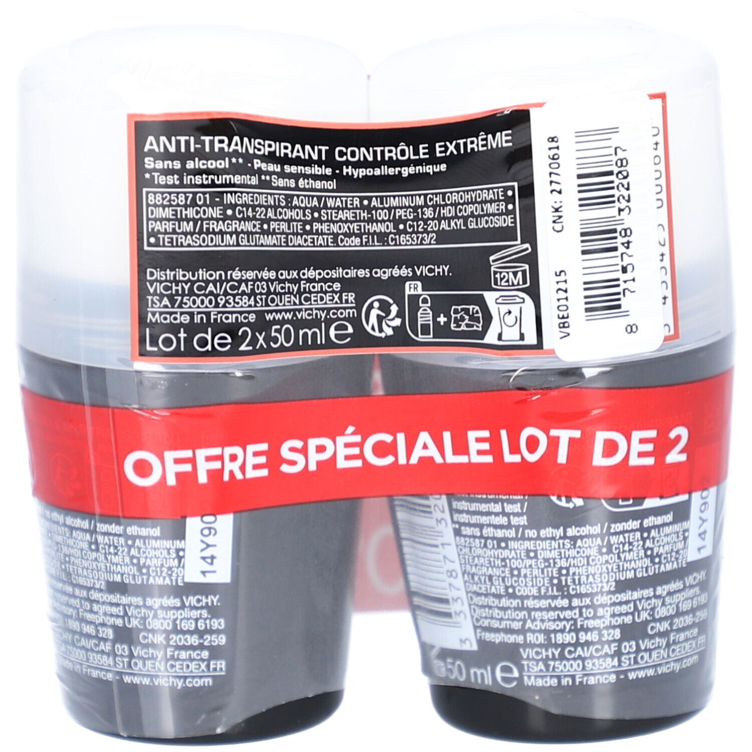 Doppelpack Deoroller. Rückseite der Verpackung. Text: Anti-Transpirant, Inhaltsstoffe, 2x50ml. Vichy Logo. Informationen.