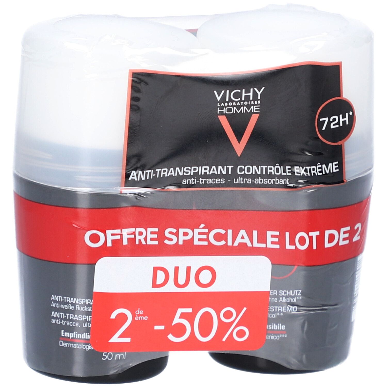 Doppelpack Deoroller. Schwarze und weiße Verpackung. Text: Duo, 2. Produkt mit 50% Rabatt. Vichy Homme Logo.