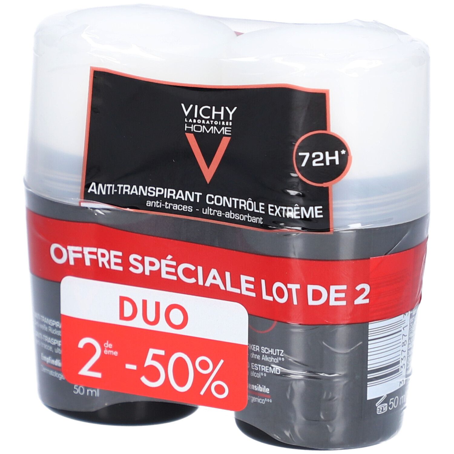 Doppelpack Deoroller. Schwarze und weiße Verpackung. Text: Duo, 2. Produkt mit 50% Rabatt. Vichy Homme Logo.