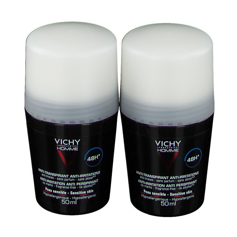 Deux déodorants roll-on. Récipients noirs avec couvercles blancs. Logo Vichy Homme et informations produit.