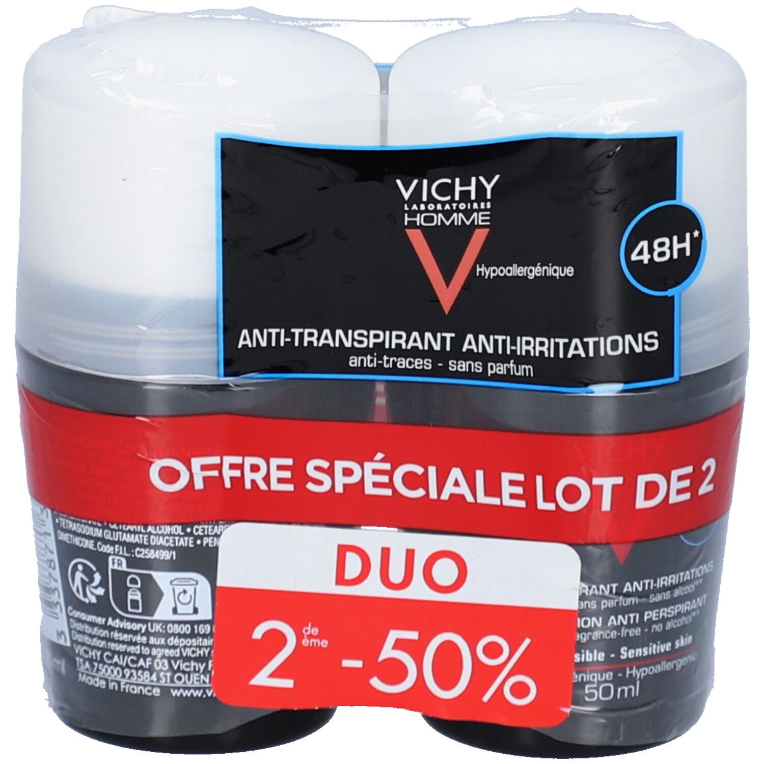 Paquet de deux déodorants roll-on. Récipients noirs, couvercles blancs. Logo Vichy Homme et informations produit.