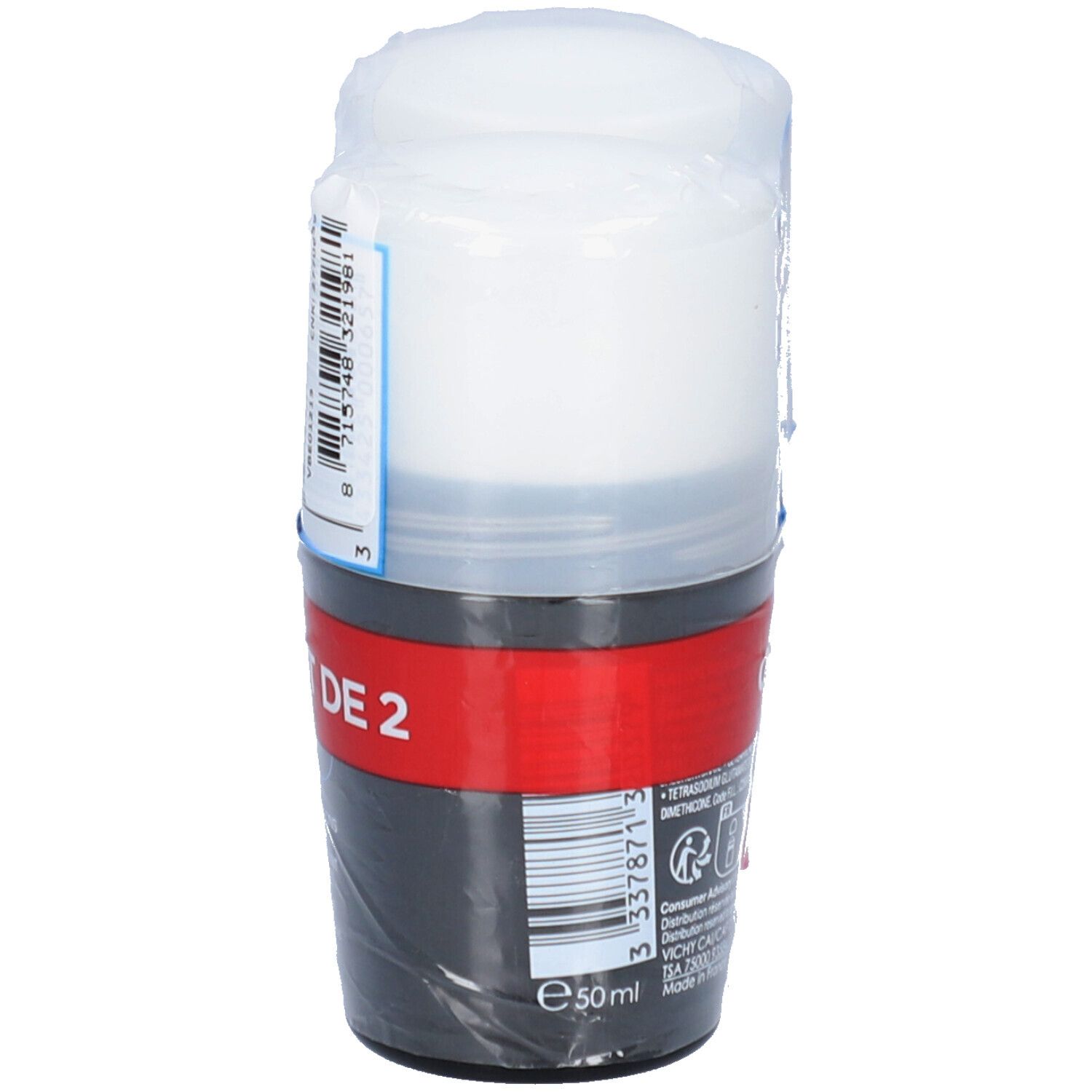 Déodorant roll-on unique emballé dans du film plastique. Récipient noir, couvercle blanc. Informations produit.