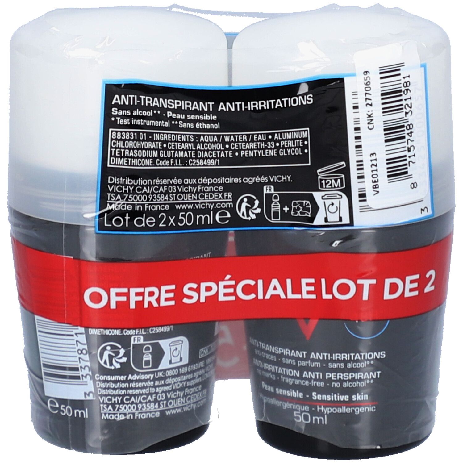 Paquet de deux déodorants roll-on sous film plastique. Récipients noirs, couvercles blancs. Informations produit.