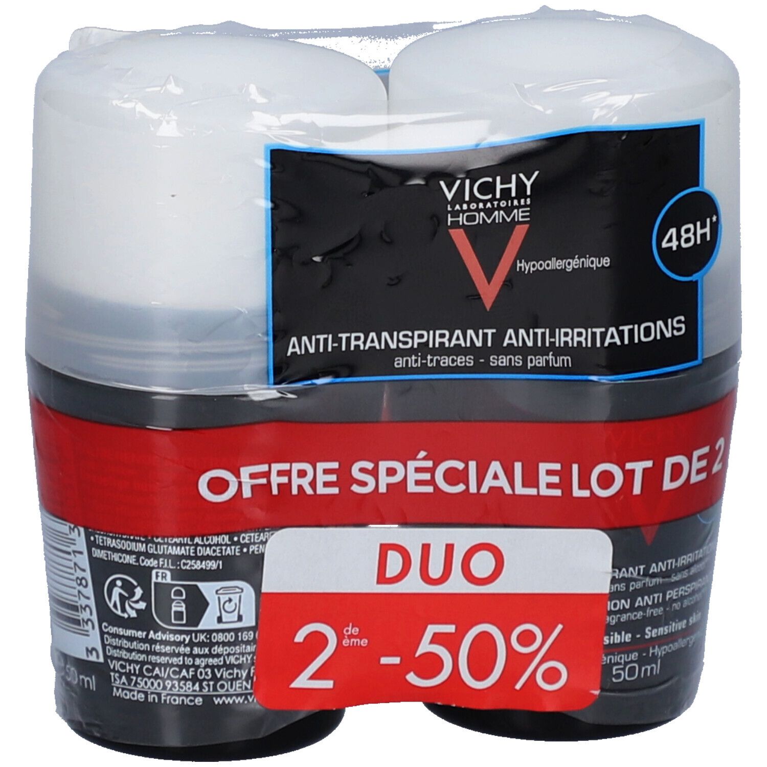 Paquet de deux déodorants roll-on sous film plastique. Récipients noirs, couvercles blancs. Logo Vichy Homme.
