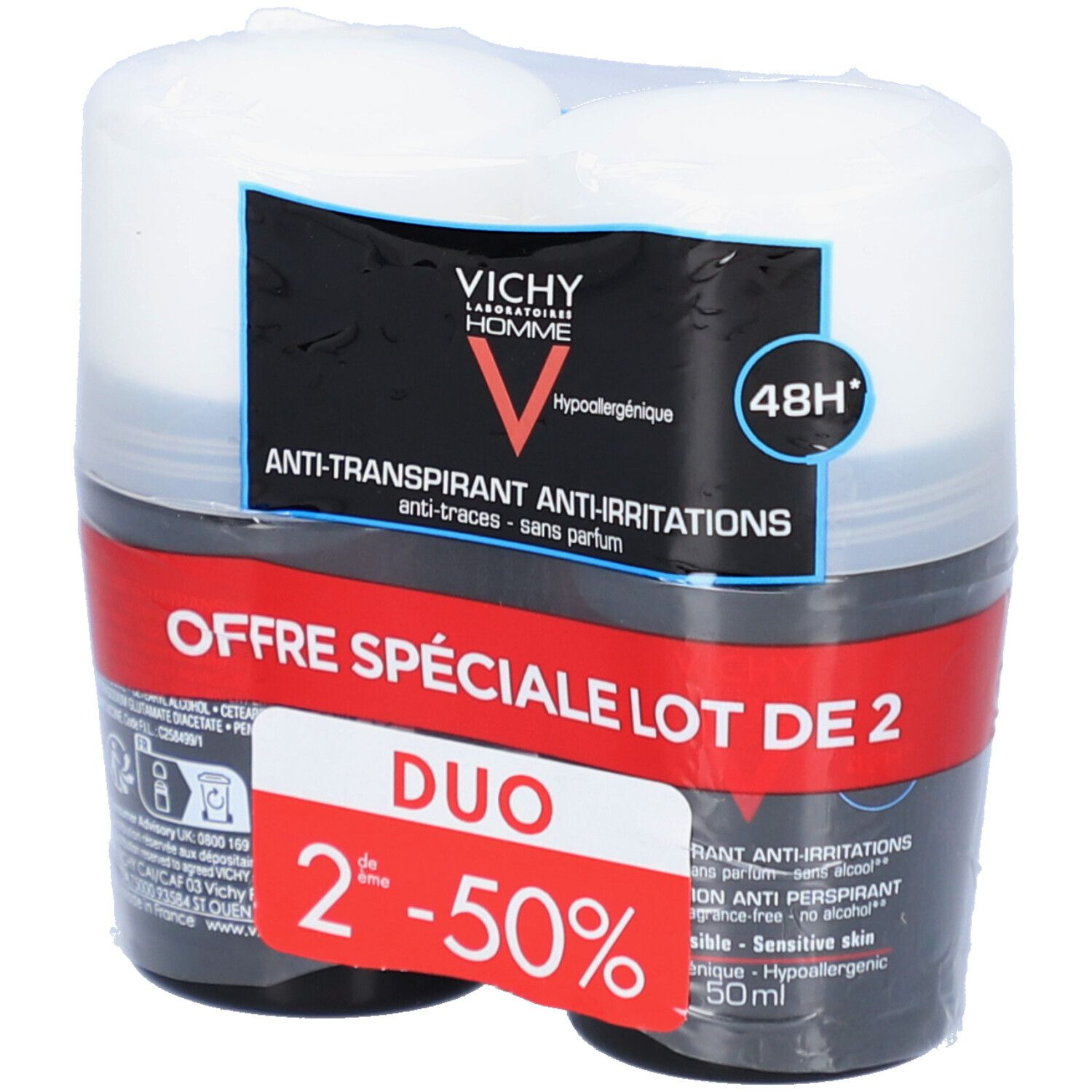 Paquet de deux déodorants roll-on sous film plastique. Récipients noirs, couvercles blancs. Logo Vichy Homme.