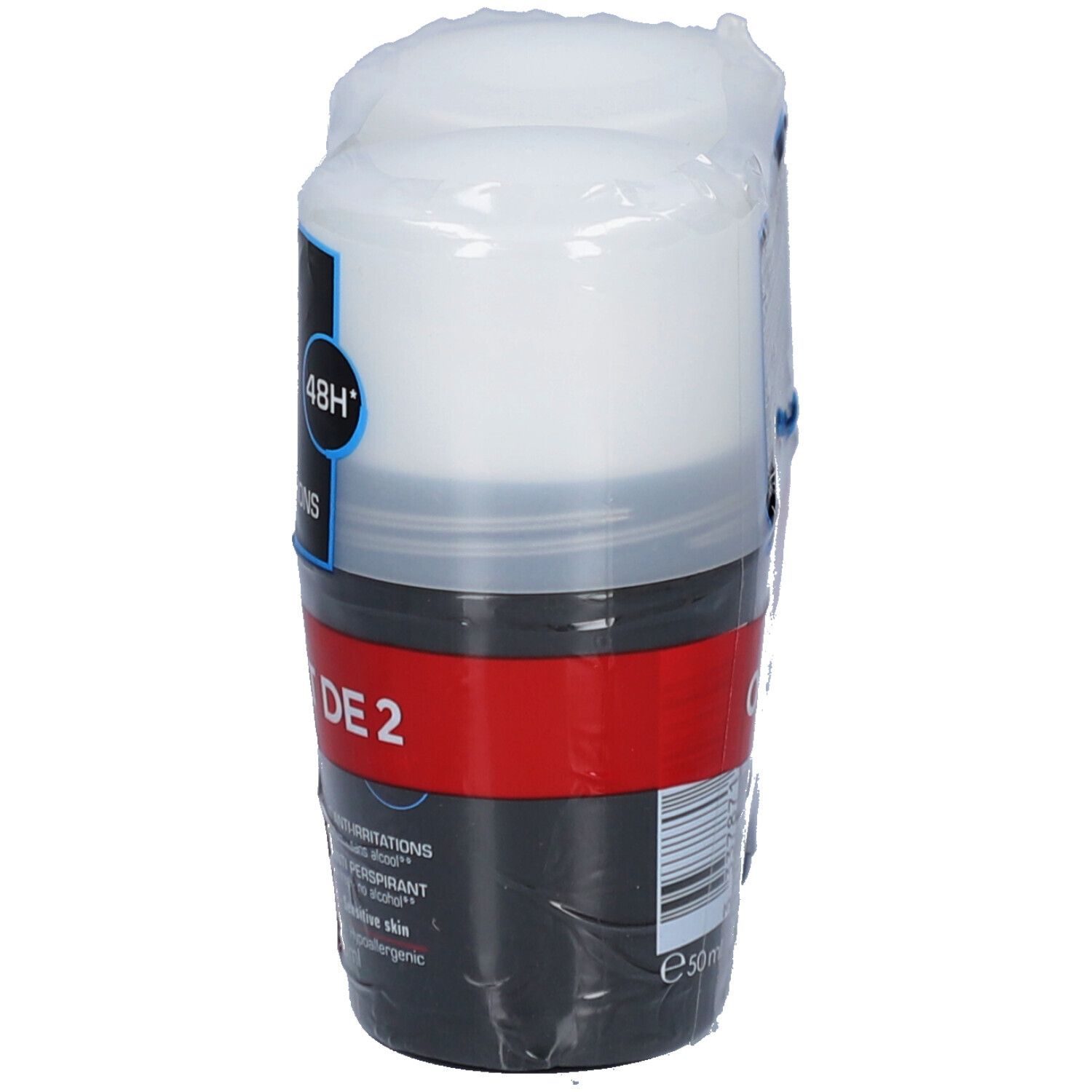 Déodorant roll-on unique emballé dans du film plastique. Récipient noir, couvercle blanc. Informations produit.