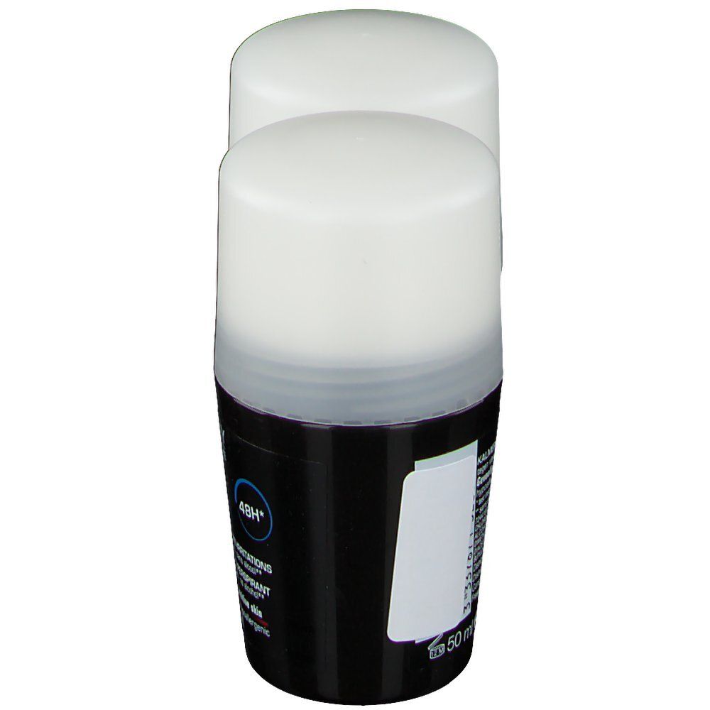 Déodorant roll-on, récipient noir, couvercle blanc. Logo Vichy Homme et informations produit. Dos avec texte.