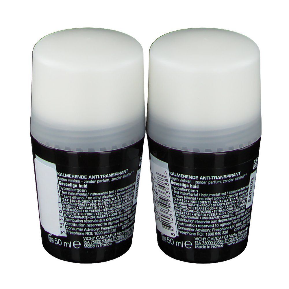 Deux déodorants roll-on, récipients noirs, couvercles blancs. Dos avec texte et informations produit.