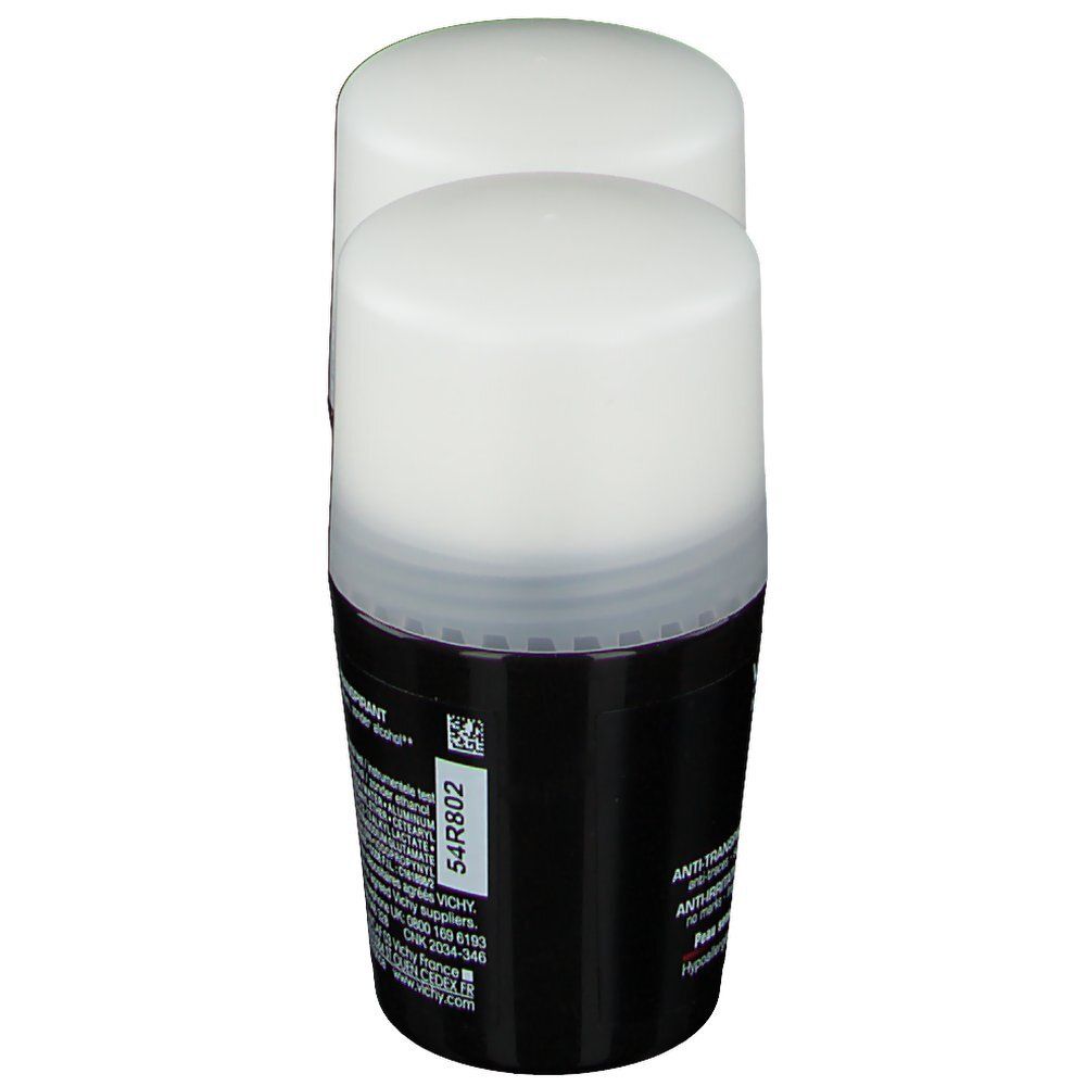 Déodorant roll-on, récipient noir, couvercle blanc. Dos avec texte et informations produit.