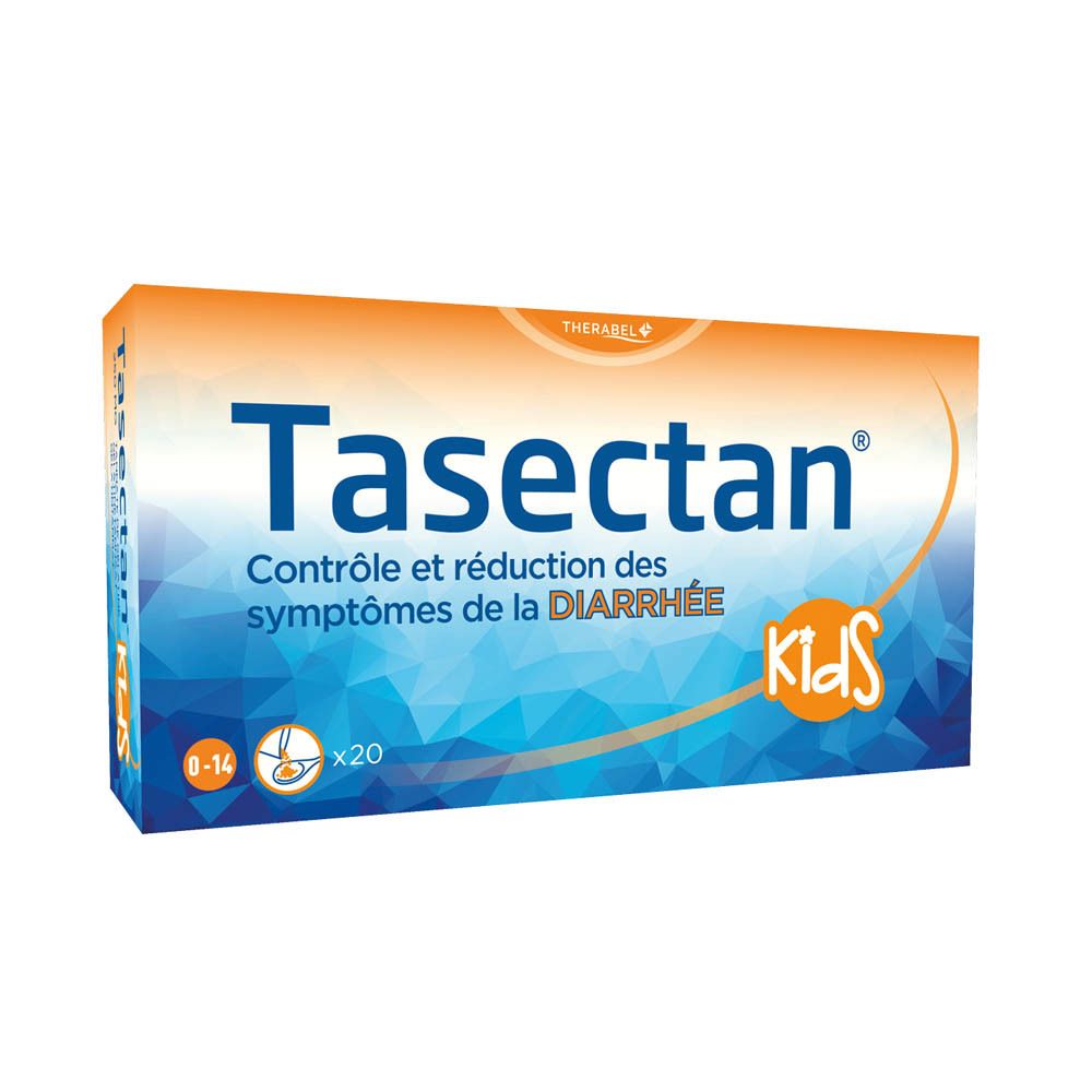 Boîte de Tasectan Kids. Texte : Contrôle et réduction des symptômes de la diarrhée. 20 sachets. 0-14 ans.
