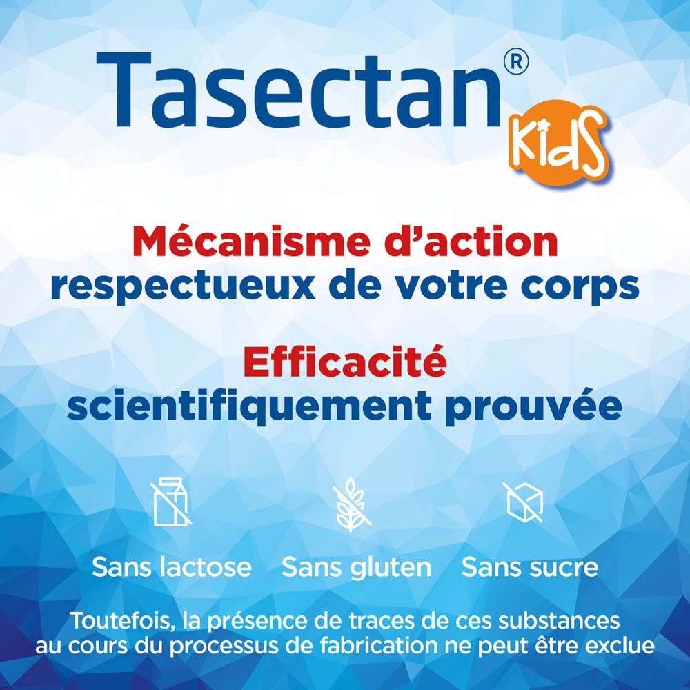 Boîte de Tasectan Kids. Texte : Contrôle et réduction des symptômes de la diarrhée. 20 sachets. 0-14 ans.