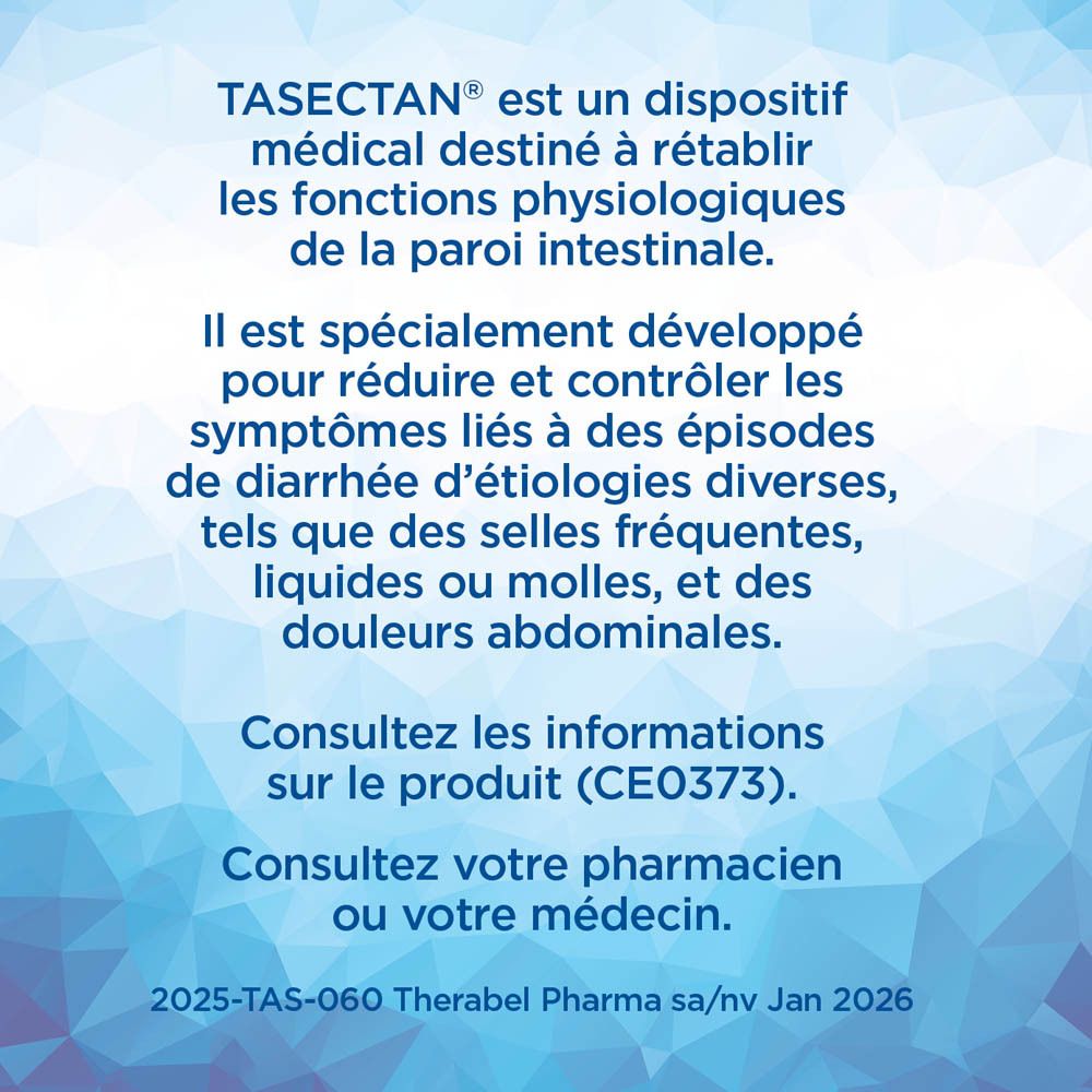 Boîte de Tasectan Kids. Texte : Contrôle et réduction des symptômes de la diarrhée. 20 sachets. 0-14 ans.