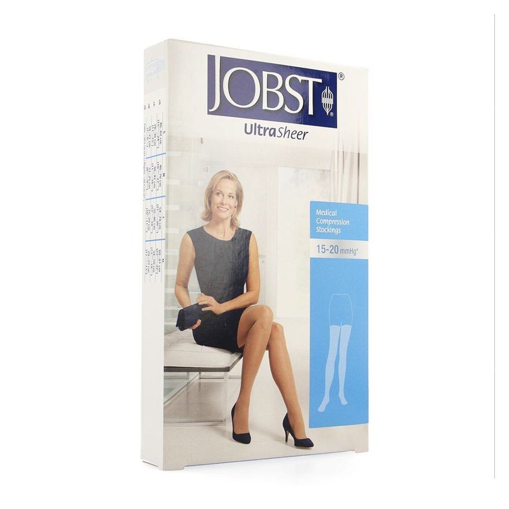 Boîte JOBST Ultrasheer. Femme assise, portant des bas. Texte: Medical Compression Stockings 15-20 mmHg.