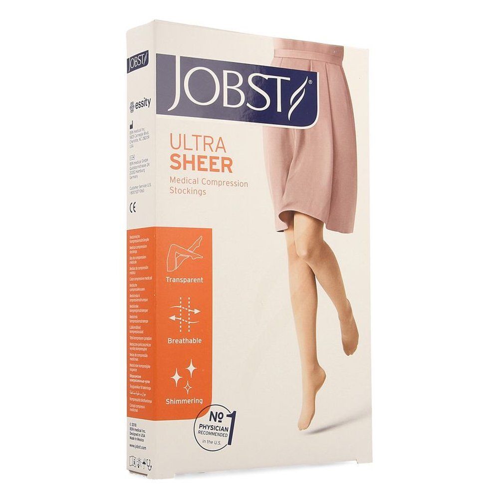 Boîte JOBST Ultrasheer. Jambe avec bas. Texte: Medical Compression Stockings, transparent, respirant.