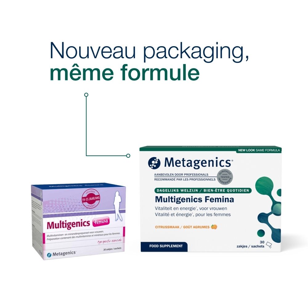 Boîte de Multigenics Femina. Multivitamines et minéraux pour femmes. 30 sachets.