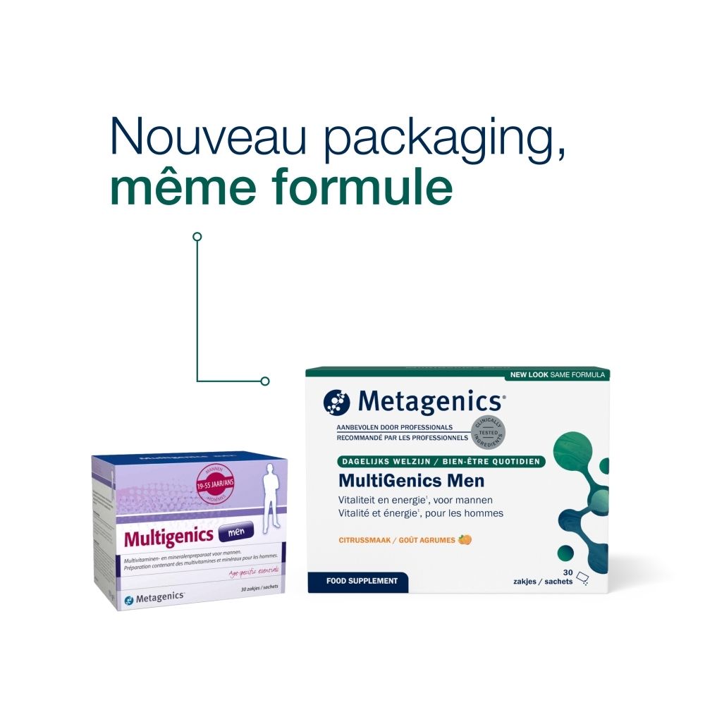 Comparaison de deux boîtes Multigenics Men. Une boîte violette, une boîte blanche.