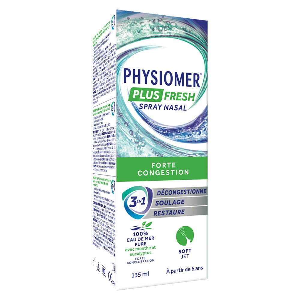 Emballage du produit. Inscription PHYSIOMER PLUS FRESH, spray nasal. Forte congestion. Texte au dos.