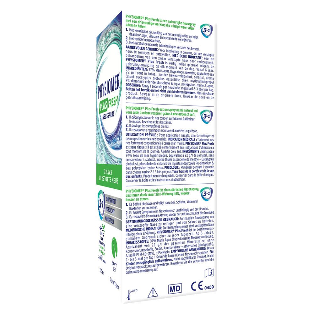 Produktverpackung. Aufschrift PHYSIOMER PLUS FRESH, Neusspray. Zwaar verstopte neus. Rückseite mit Text.