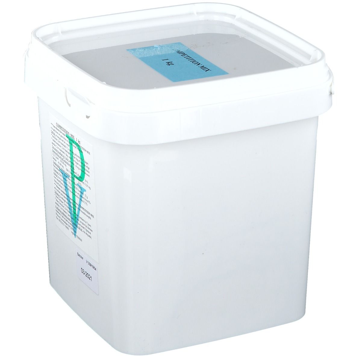 Weißer, quadratischer Eimer mit blauem Deckel. Aufkleber mit Text: COMPETITION MIX 1 kg. Aufkleber mit Inhaltsangaben.