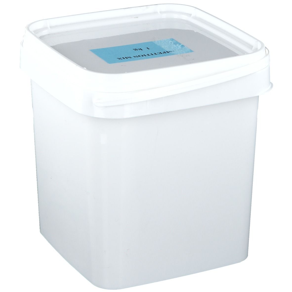 Weißer, quadratischer Eimer mit blauem Deckel. Aufkleber mit Text: COMPETITION MIX 1 kg.