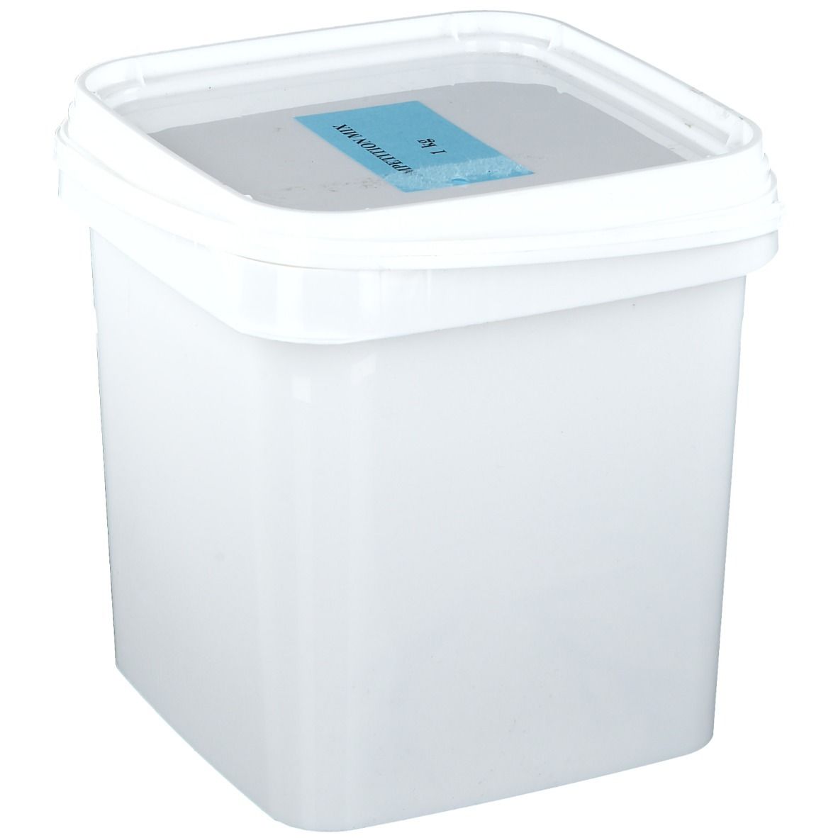 Weißer, quadratischer Eimer mit blauem Deckel. Aufkleber mit Text: COMPETITION MIX 1 kg.