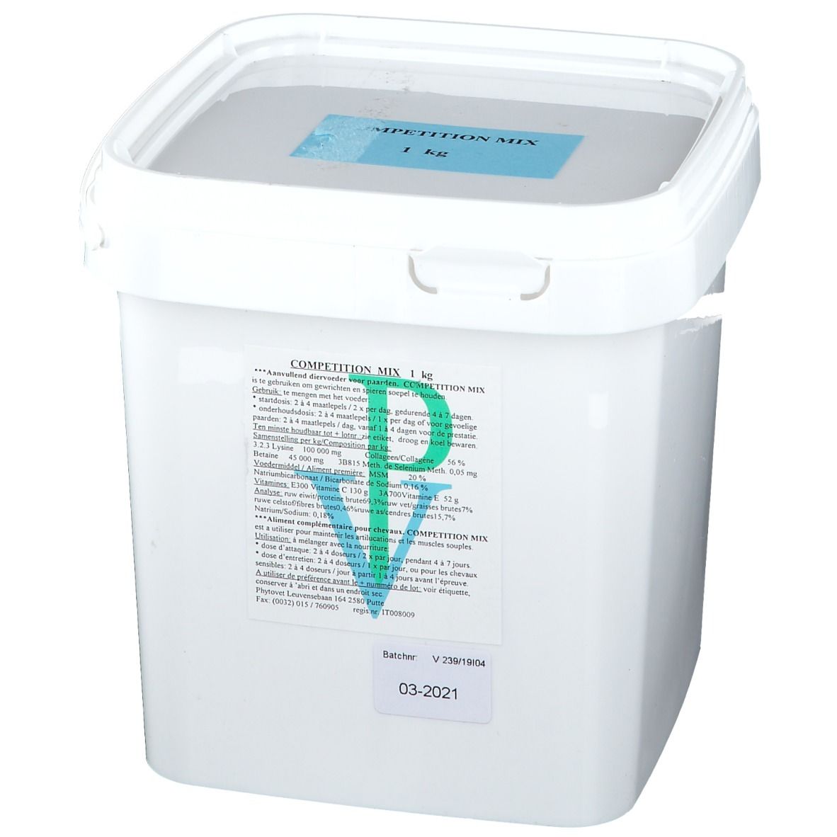 Weißer, quadratischer Eimer mit blauem Deckel. Aufkleber mit Text: COMPETITION MIX 1 kg. Aufkleber mit Inhaltsangaben.