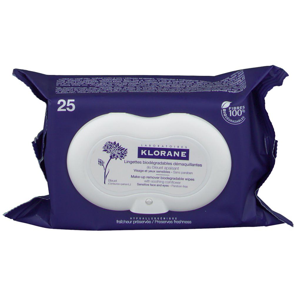 Paquet de lingettes démaquillantes KLORANE. 25 lingettes, bleu et blanc. Inscription: Kornblume, fibres 100%.