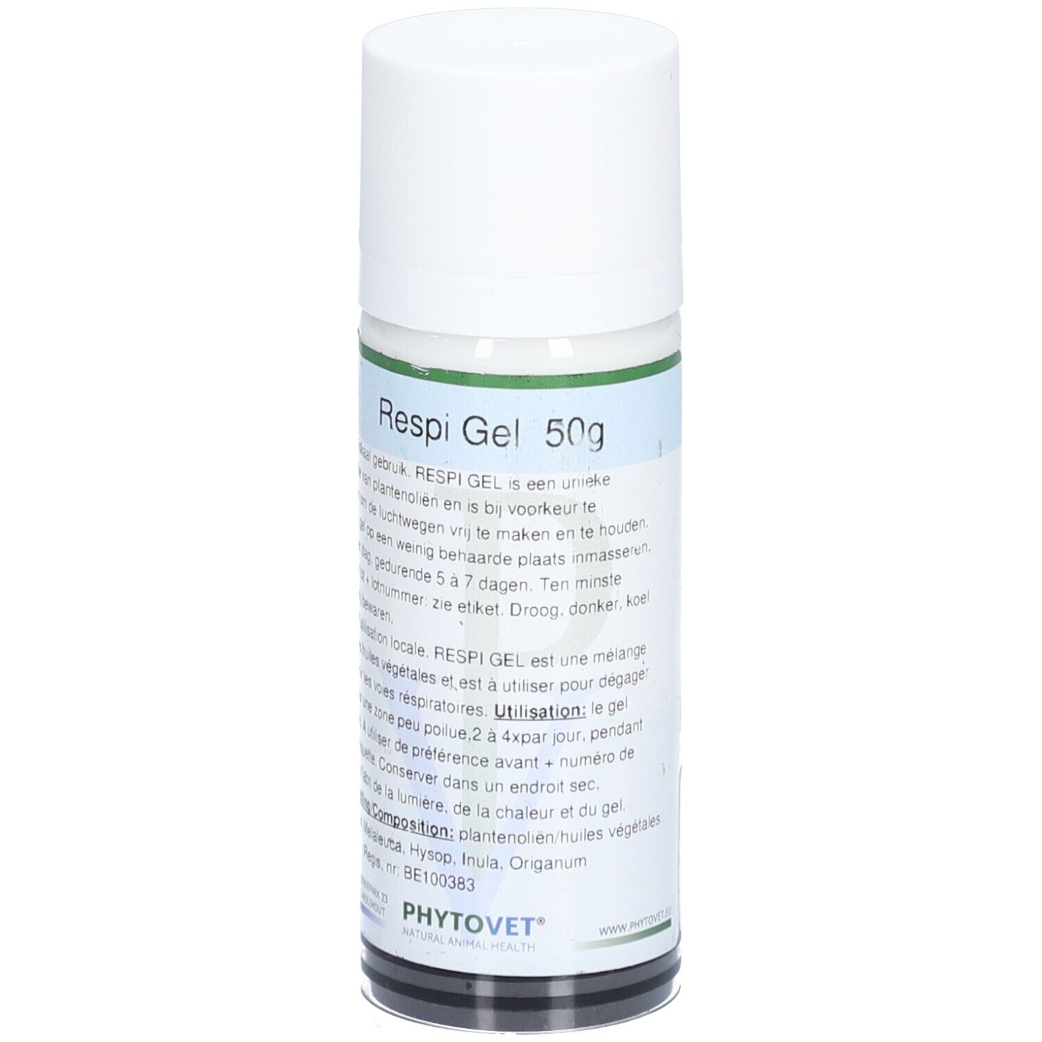 Zylindrische Flasche mit weißem Deckel. Aufschrift "Respi Gel 50g". Etikett mit Produktinformationen.