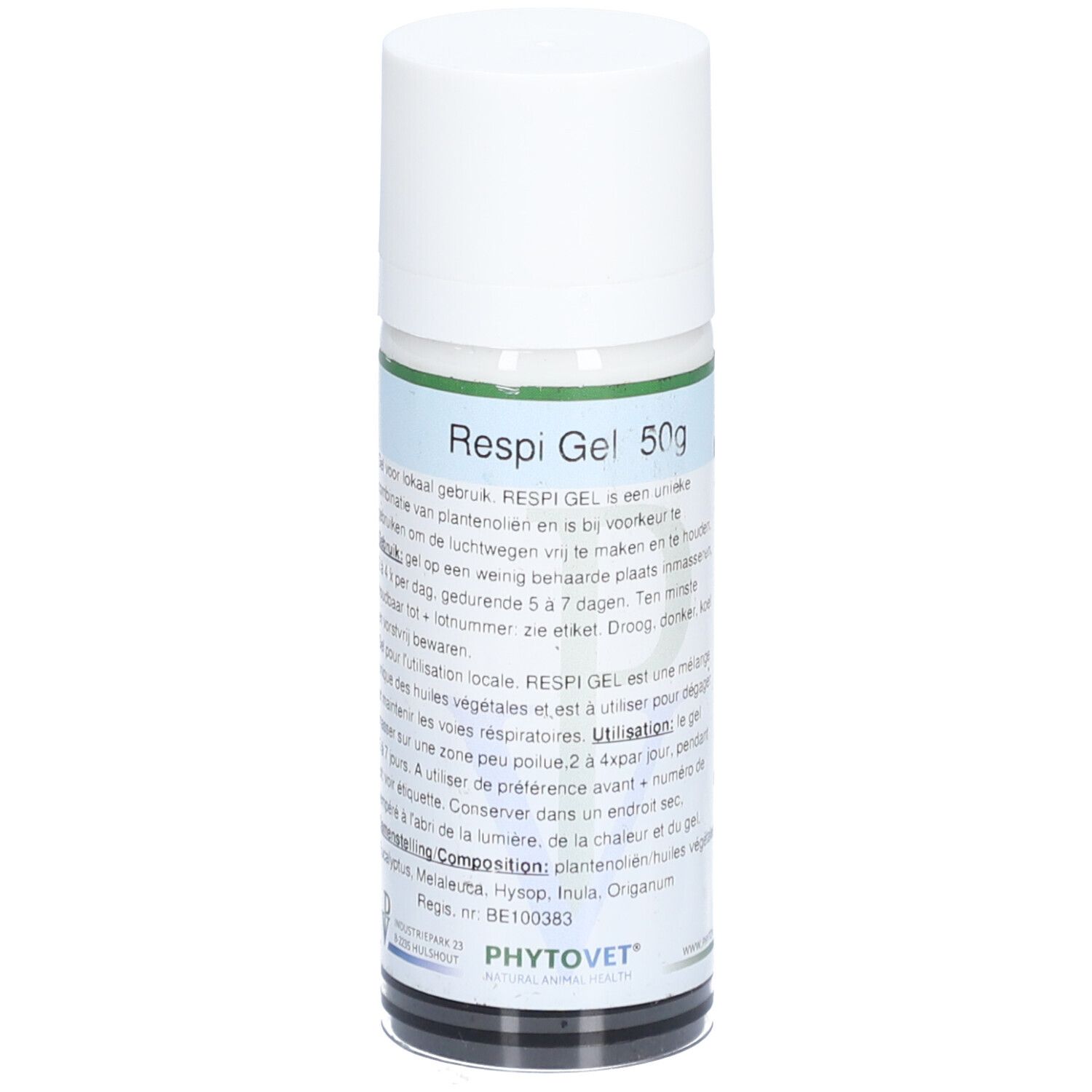 Zylindrische Flasche mit weißem Deckel. Aufschrift "Respi Gel 50g". Etikett mit Produktinformationen.