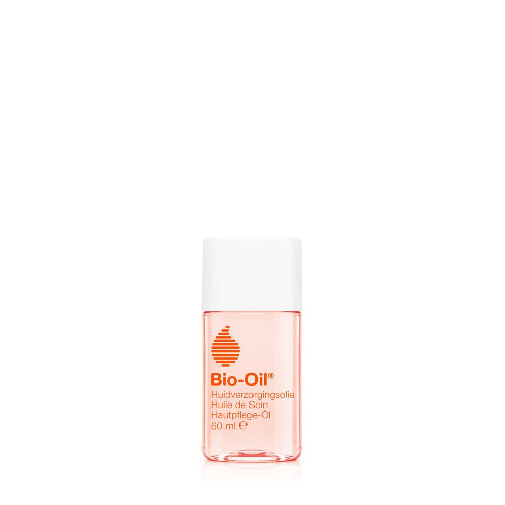 Bio-Oil®, huile de soin. Flacon avec bouchon blanc. Inscription : 60 ml. Produit pour le soin de la peau.