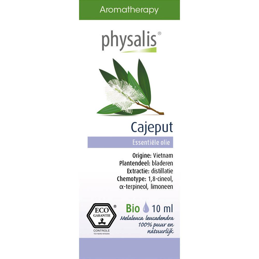 Essentielles Öl physalis® Cajeput. Flasche mit Etikett. Botanische Illustration. Bio-Zertifizierung. 10 ml.