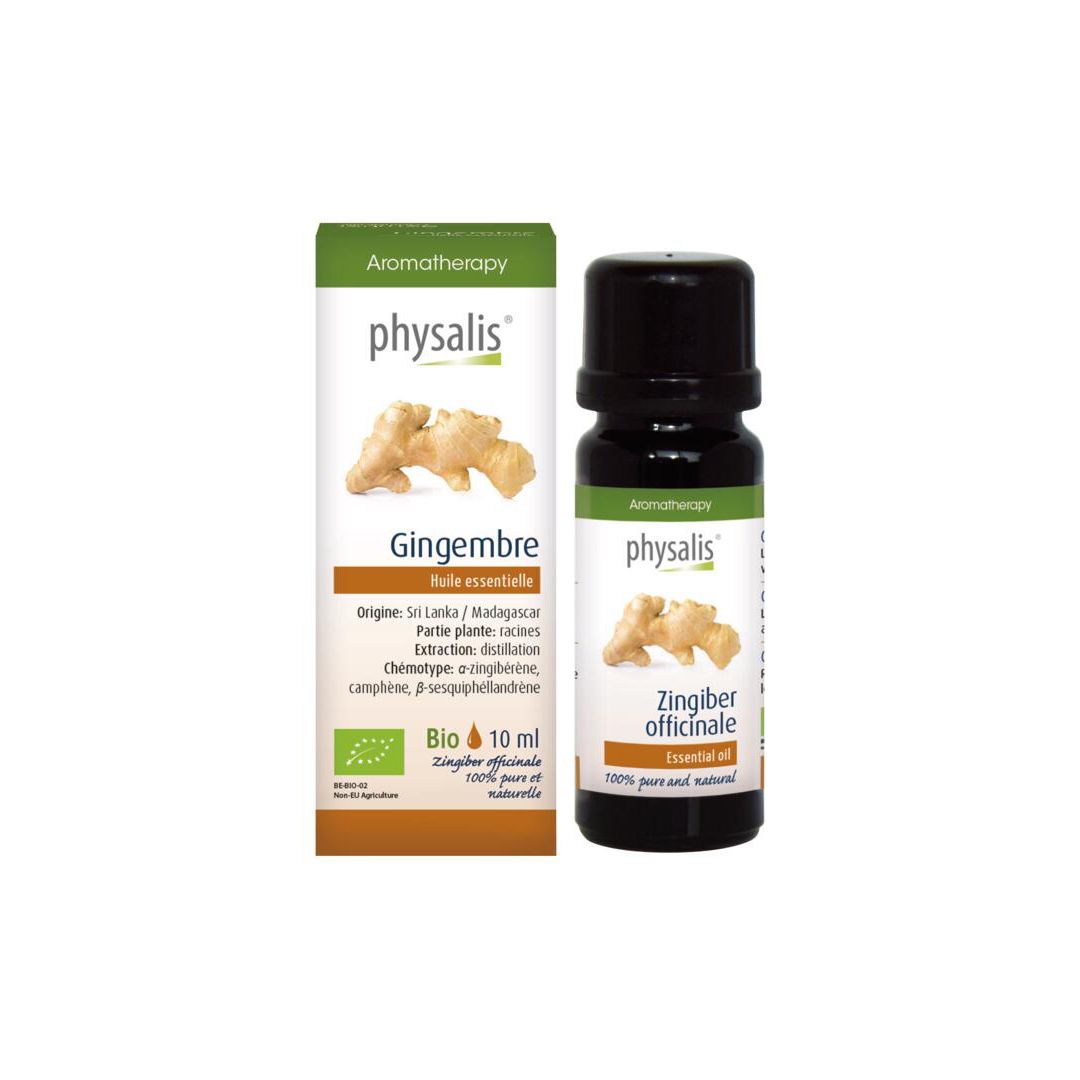 Huile essentielle de gingembre Bio Physalis : flacon avec étiquette "Gingembre Huile essentielle".
