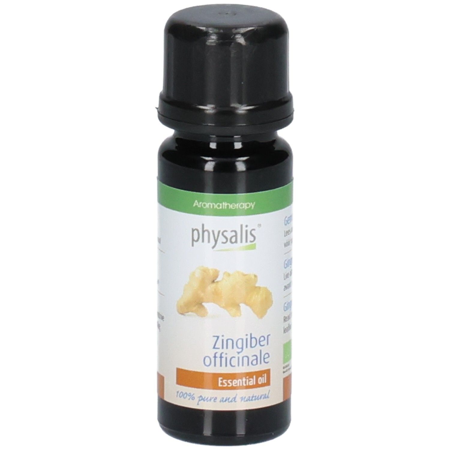 Physalis Bio Ingweröl: Dunkle Glasflasche mit schwarzem Schraubverschluss. Etikett mit Ingwerabbildung und Text.