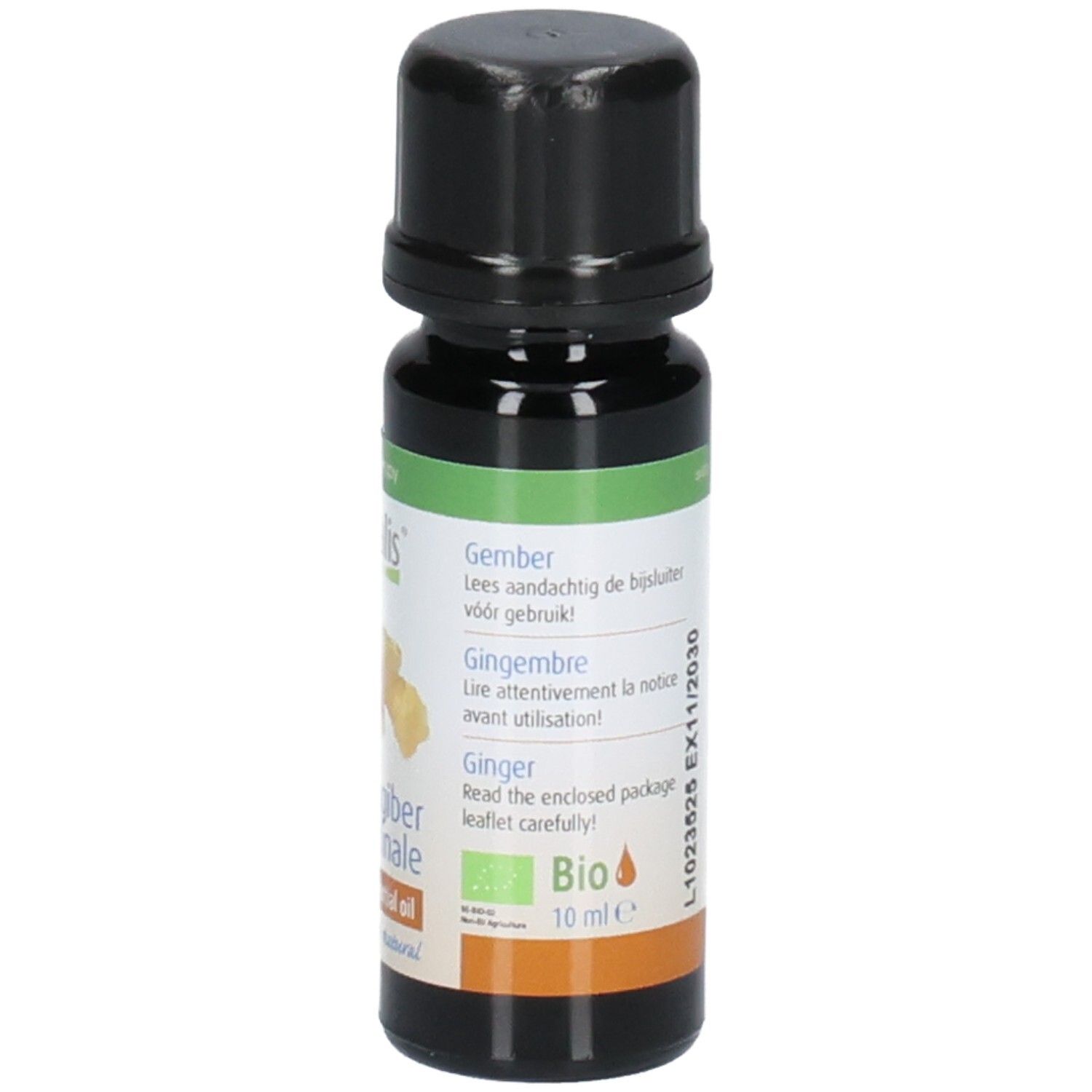 Physalis Bio Ingweröl: Flasche mit Etikett, das "Ginger" und "10 ml" zeigt. Bio-Siegel sichtbar.