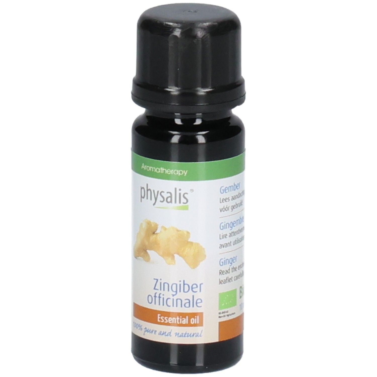 Physalis Bio Ingweröl: Flasche mit Etikett, das "Zingiber officinale Essential Oil" und "100% pure and natural" zeigt.