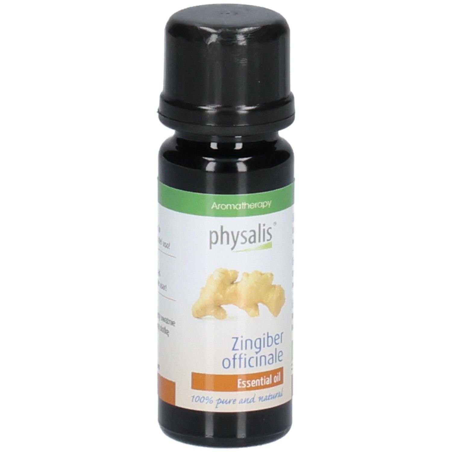 Physalis Bio Ingweröl: Flasche mit Etikett, das "Zingiber officinale Essential Oil" und "100% pure and natural" zeigt.