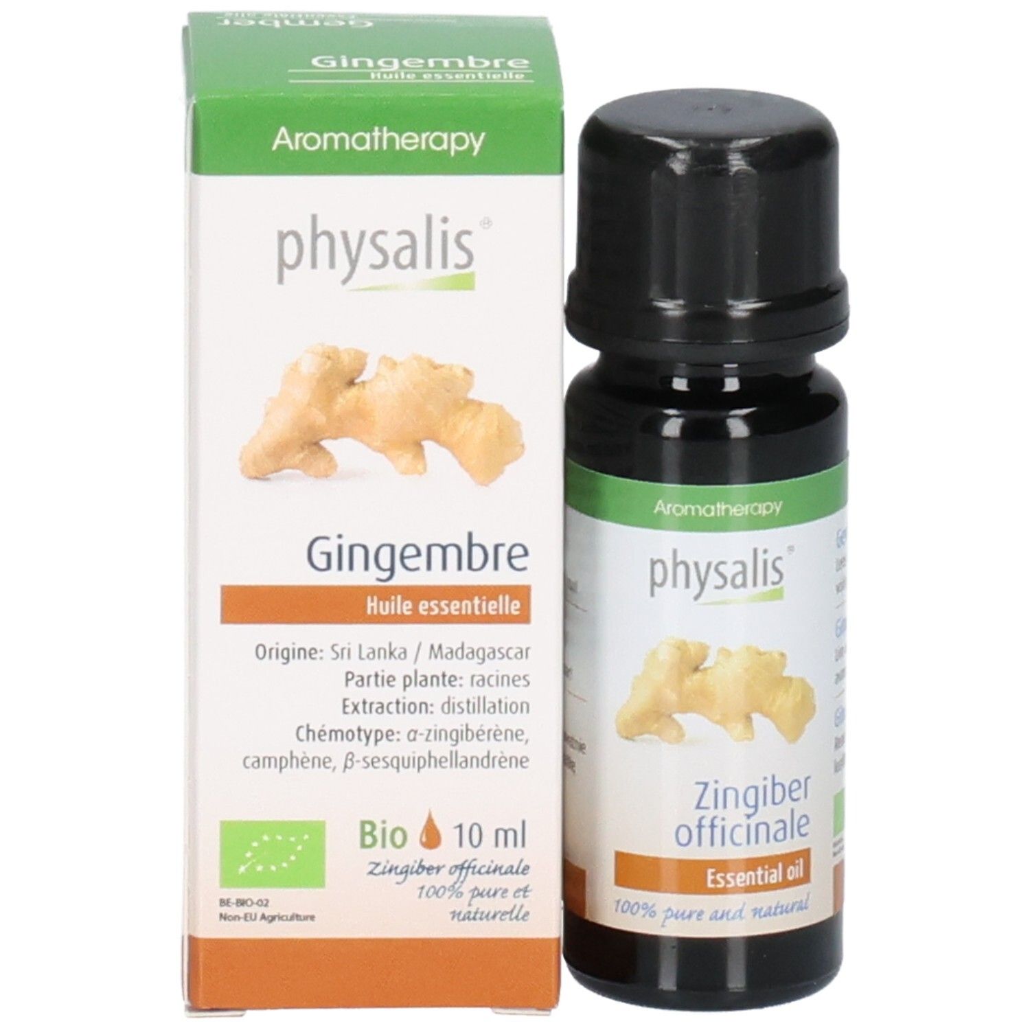 Physalis Bio Ingweröl: Flasche und Kartonverpackung nebeneinander. Beide zeigen Ingwerabbildung und Produktinfos.