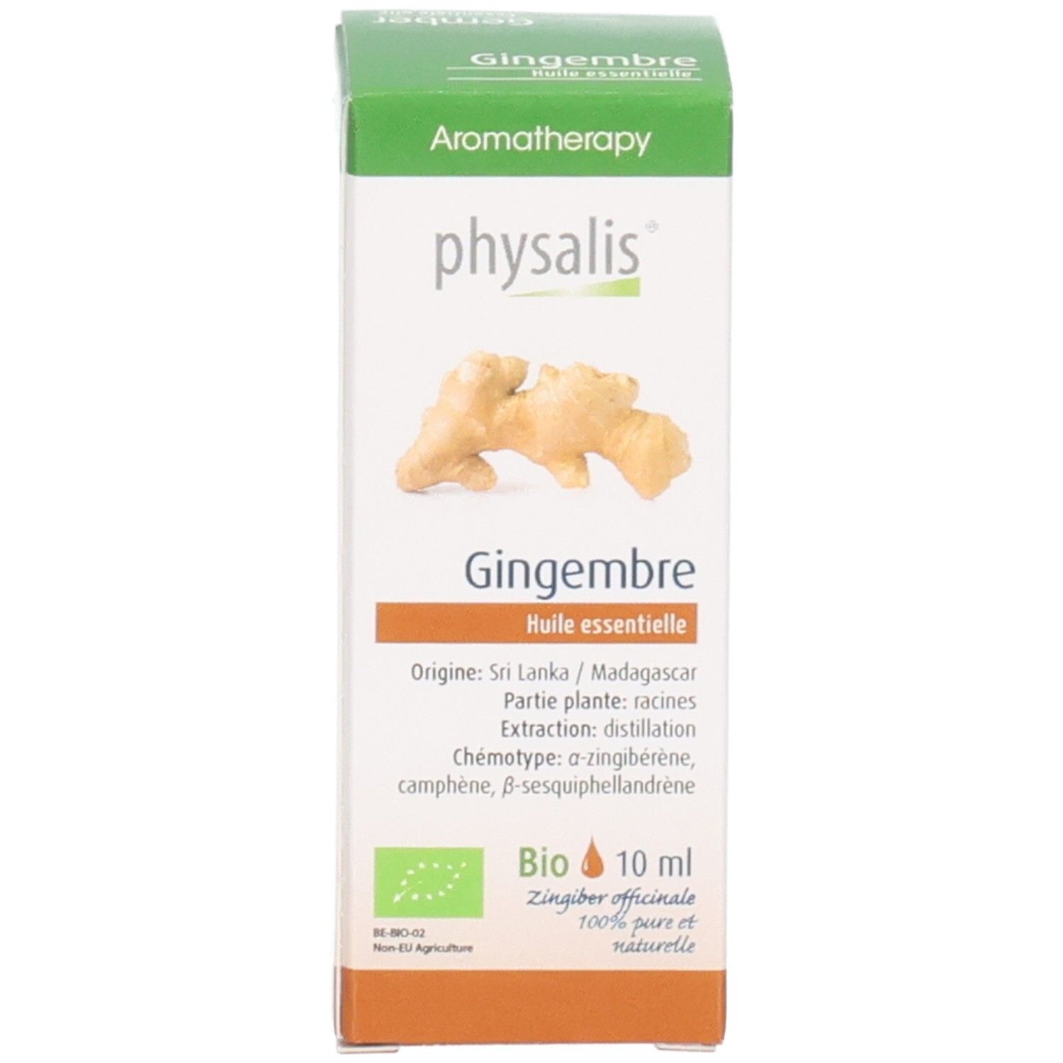 Physalis Bio Ingweröl: Kartonverpackung mit detaillierten Informationen zu Herkunft und Inhaltsstoffen.