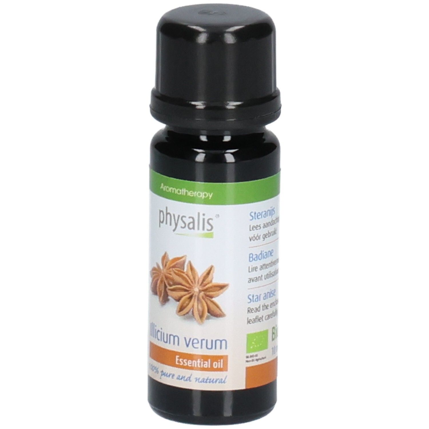Flacon en verre brun avec bouchon noir. Étiquette avec illustration d'anis étoilé et texte : "Illicium verum Essential oil". Label Bio.