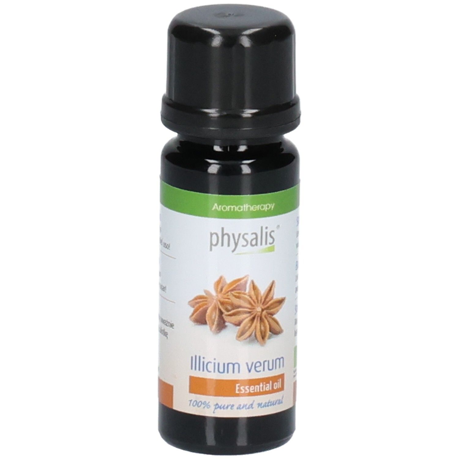 Flacon en verre brun avec bouchon noir. Étiquette avec illustration d'anis étoilé et texte : "Illicium verum Essential oil".
