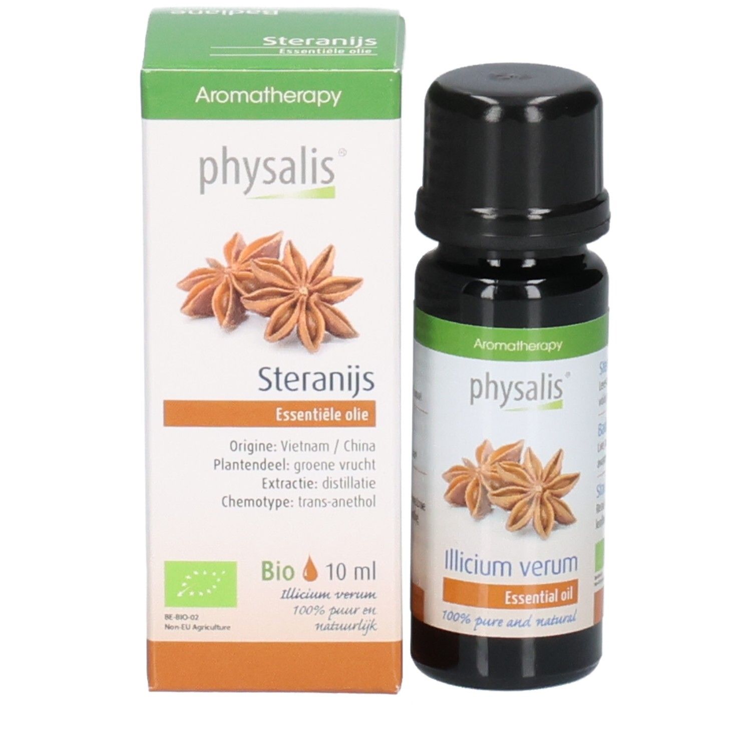Flacon en verre brun et emballage en carton. Sur le flacon : "Illicium verum Essential oil". Sur l'emballage : "Steranijs Essentiële olie".