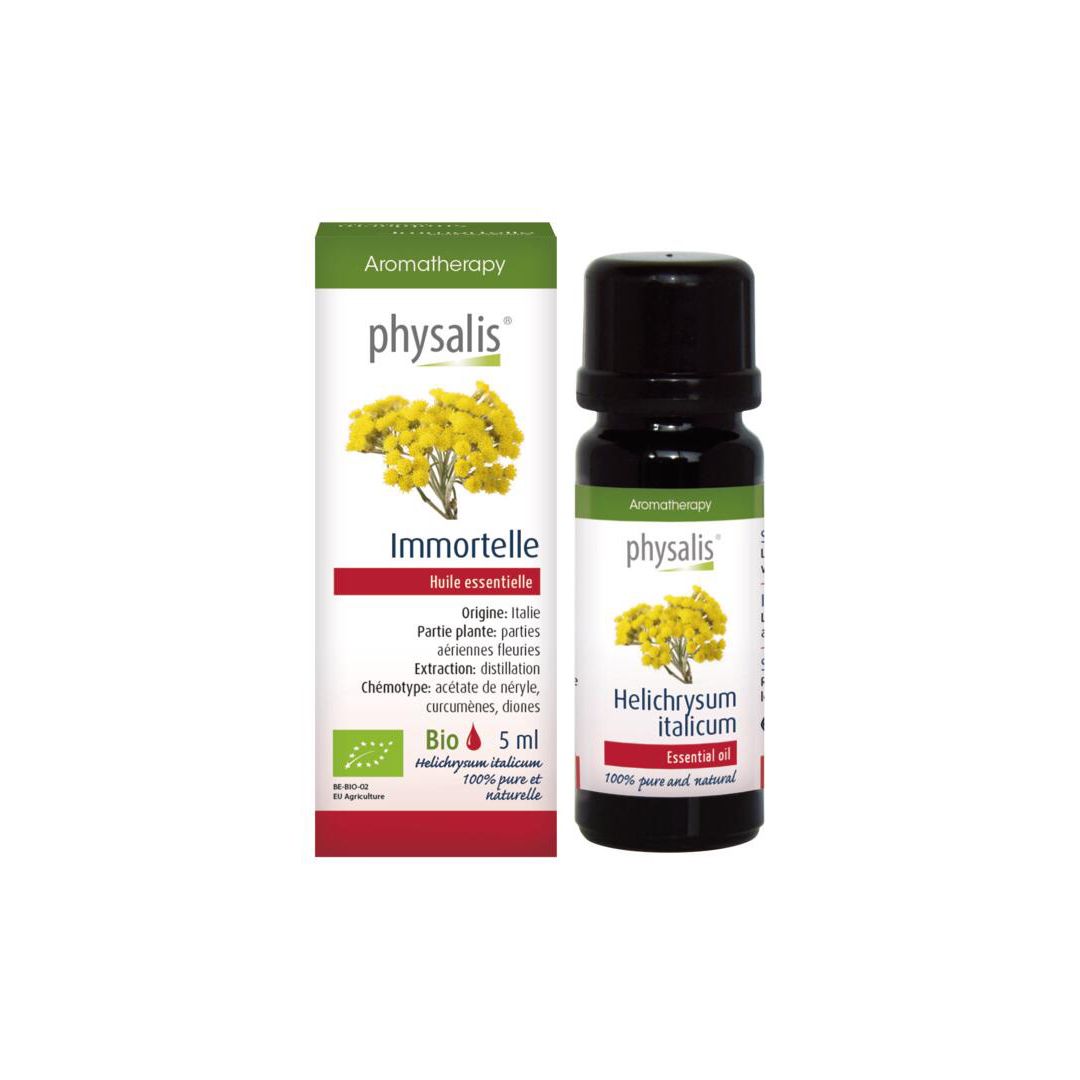 Huile essentielle Physalis Immortelle, flacon et boîte de 5ml avec fleurs jaunes.