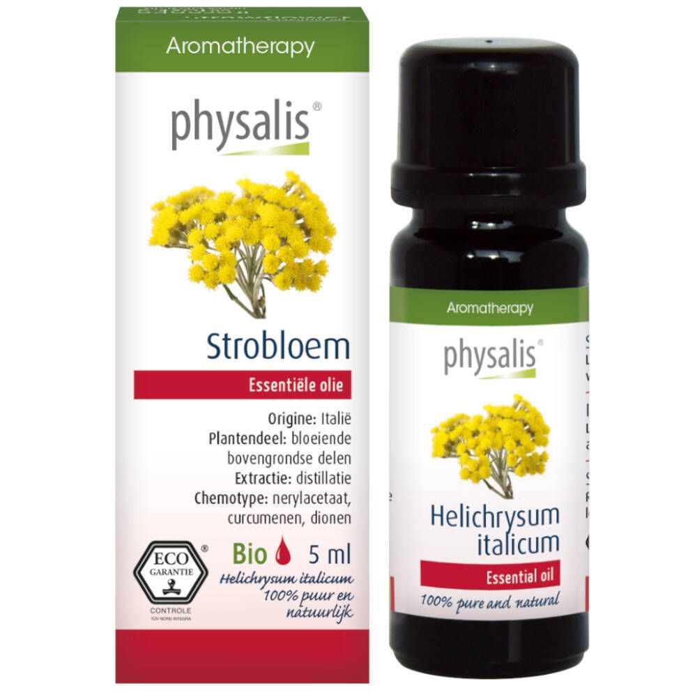 Physalis Immortelle ätherisches Öl, 5ml Flasche und Karton mit gelben Blüten.