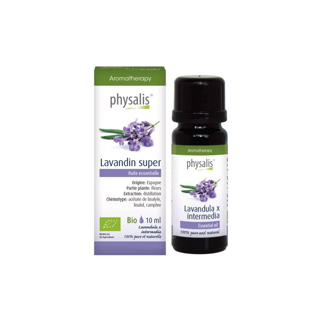 Boîte et flacon. Boîte avec texte: Lavandin super, 10 ml, Bio. Illustration de lavande. Flacon à côté.