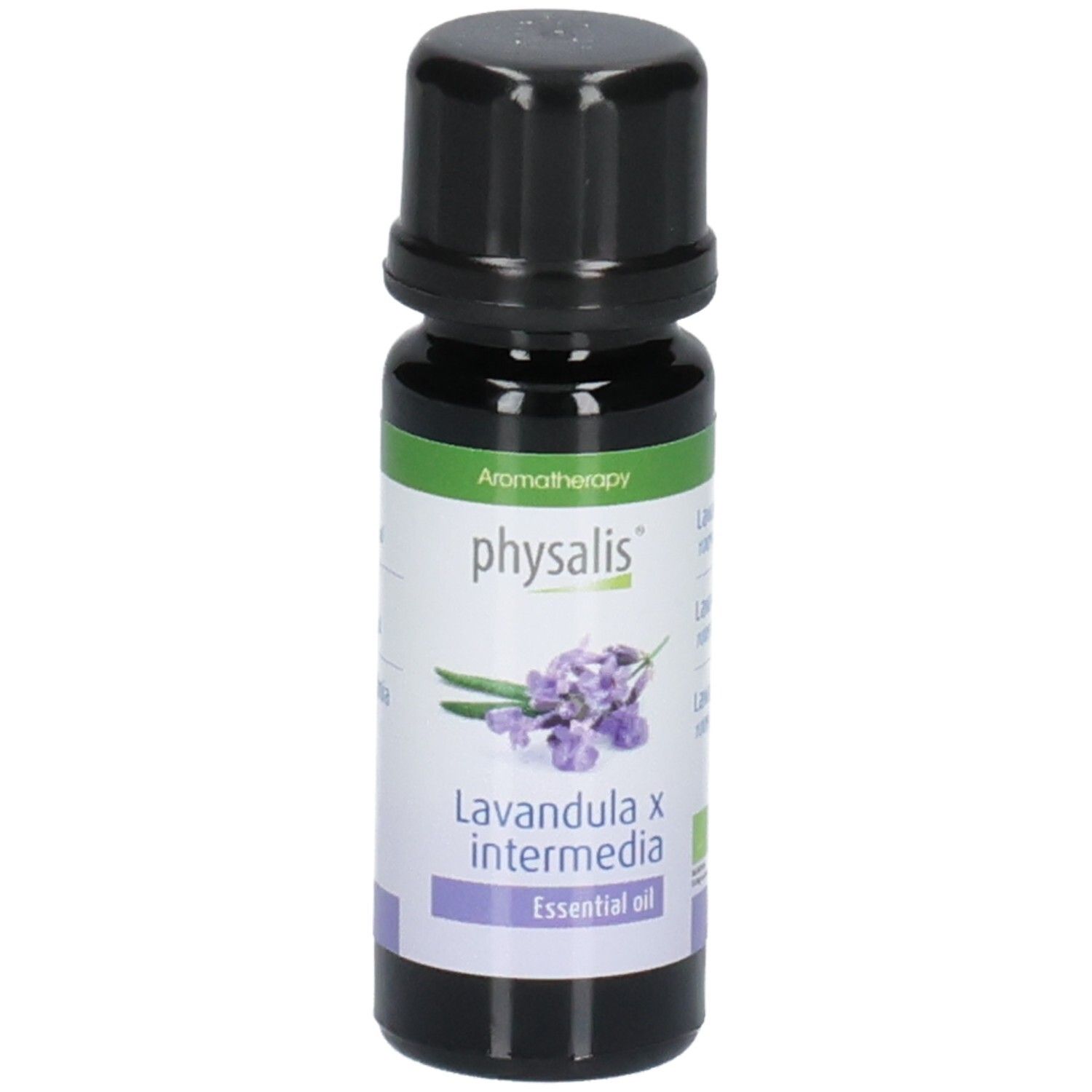 Braune Glasflasche mit schwarzem Deckel. Etikett mit lila Lavendel-Illustration und Text: physalis, Lavandula x intermedia.