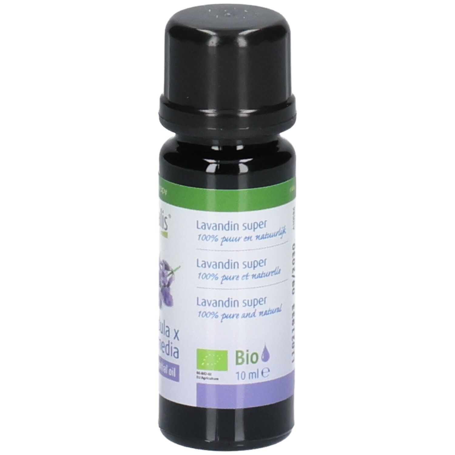 Braune Glasflasche mit schwarzem Deckel. Etikett mit Text: Lavandin super, Bio, 10 ml. Bio-Zertifizierung.