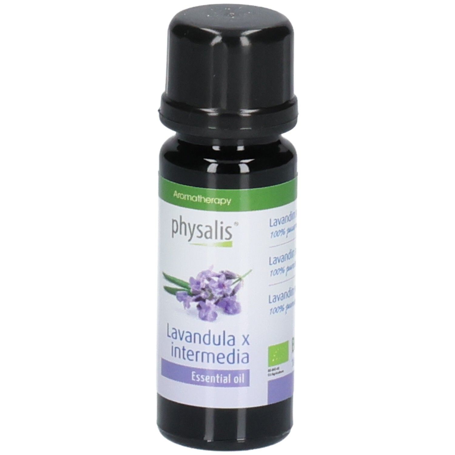 Braune Glasflasche mit schwarzem Deckel. Etikett mit Text: physalis, Lavandula x intermedia, Essential oil. Lavendel-Illustration.